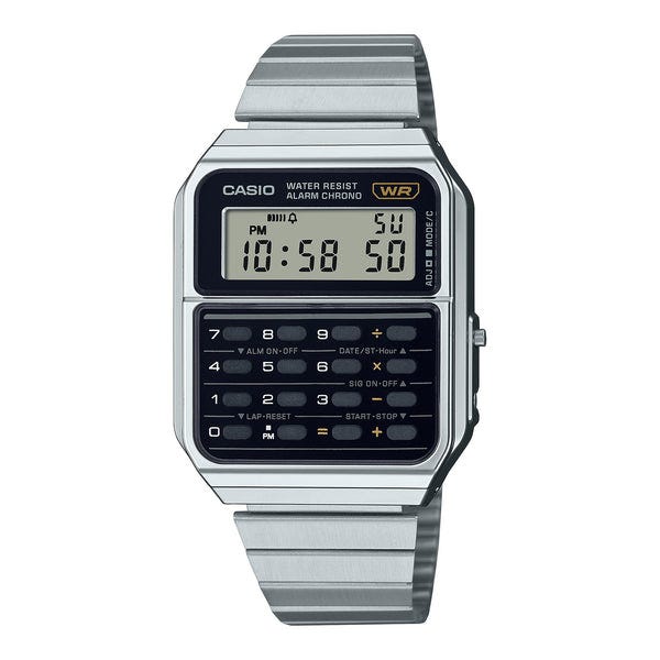 A classic Casio CA500WE-7B wrist watch that included a calculator.