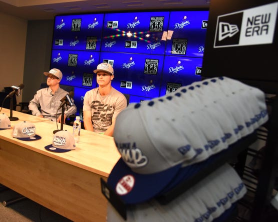Champ Hats by New Era Press Conference with Los Angeles Dodgers center fielder, Joc Pederson and brother Champ Pederson Friday, September 18, 2015 at Dodger Stadium in Los Angeles, California. Photo by Jon SooHoo/ ©Los Angeles Dodgers,LLC 2015