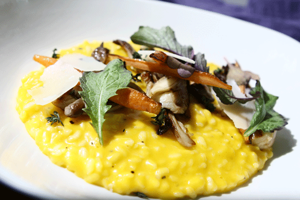 Carrot and parmesan risotto with roasted baby carrots and oyster mushrooms