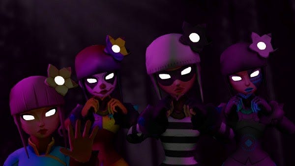 Image of 4 different skins for the same character Lilium looking menacingly at the camera with white eyes
