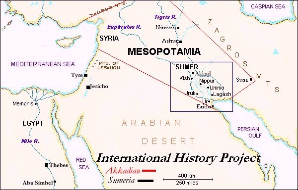 Mapa histórico da região da Suméria, berço da civilização mais antiga existente