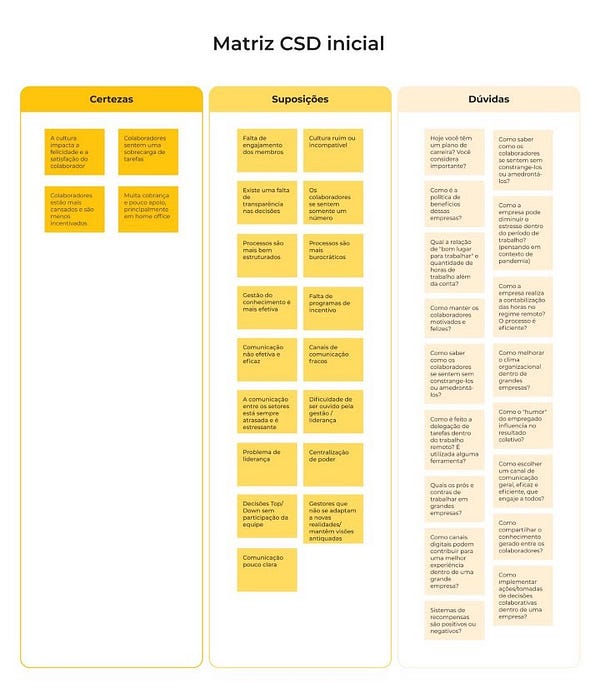 A matrix that contains three spaces: certainties, doubts and assumptions.