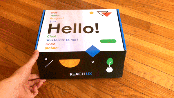 Animated gif of a Reach UX Welcome Kit box being opened.
