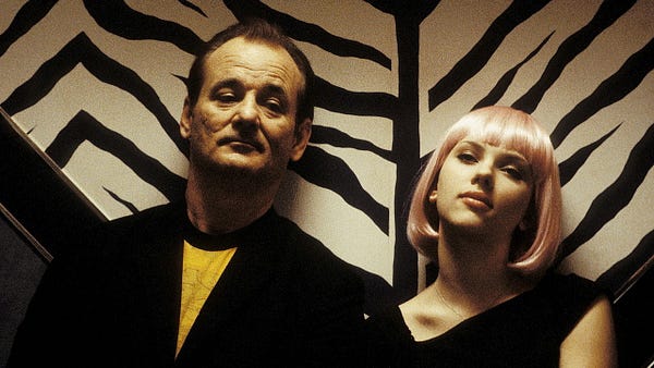 A scene from the movie Lost in Translation, portraying Bill Murray and Scarlet Johanson