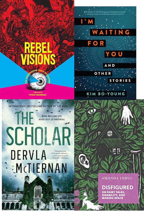 combined covers of four books: Rebel Voices, I’m Waiting For You, The Scholar and Disfigured: On Fairy Tales, Disability, and Making Space.
