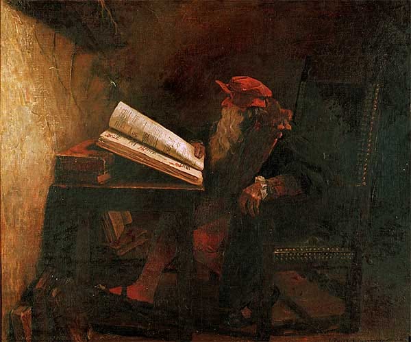A Romance painting of an old man with a long, grey beard sat at a writing desk and reading a large book.