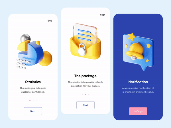 3d illustrations moving animation on mobile onboarding screens.