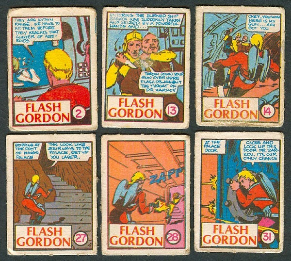 Small pieces of rough, scrappy paper with panels from Flash Gordon comics printed on them