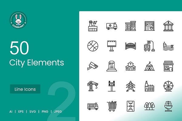 50 City Elements Line Icons Graphics
