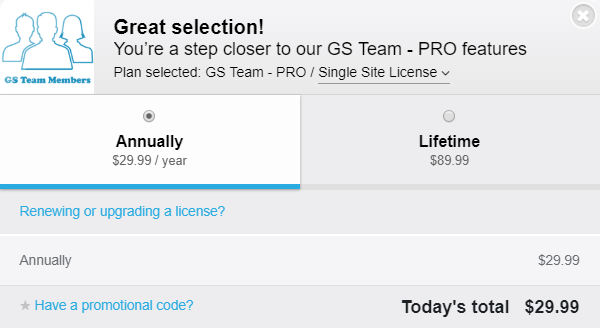 The GS Team Members checkout screen