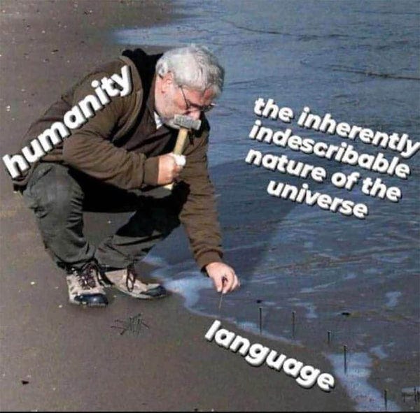 An image of a man crouching on a beach, hammering nails into the sand at the water’s edge, with text overlaid labeling the man as “humanity,” the nails as “language,” and the rising tide water as “the inherently indescribable nature of the universe.”