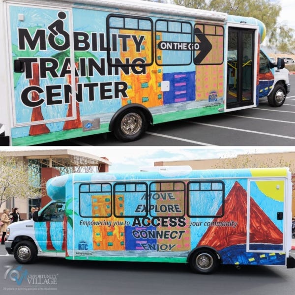 two photos of colorful shuttle buses for a transit training center