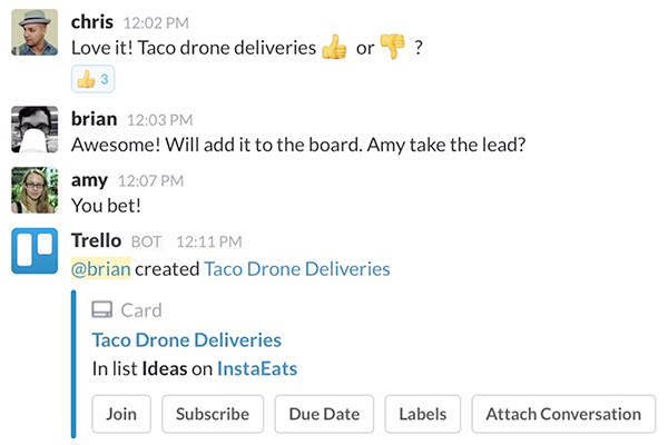 Example of the Trello application in Slack