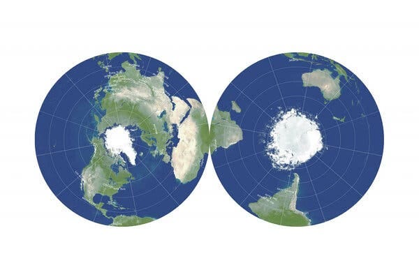 In 2006, J. Richard Gott, Robert Vanderbei and David Goldberg started experimenting with alternative projections to find the one with least errors. This is the best version up-to-date — instead of one map to show all the continents, the poles are in the center and the map is comprised of 2 circles