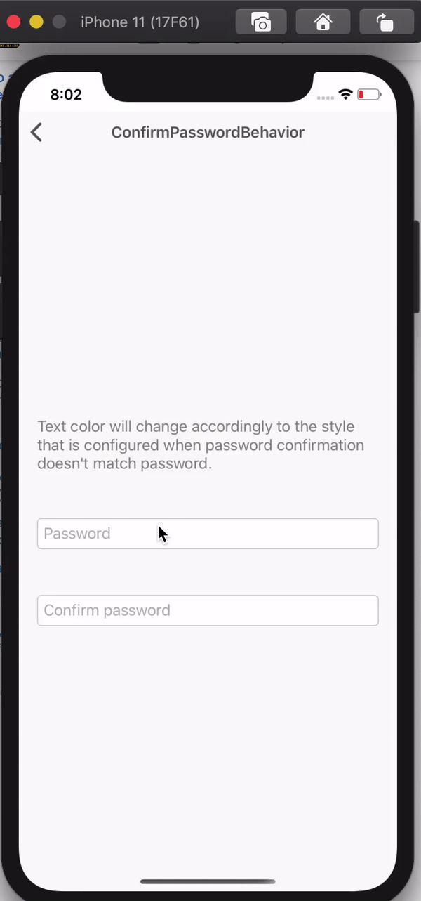 GIF: two fields, one for password insert and other for confirmation with behavior that detects wrong value