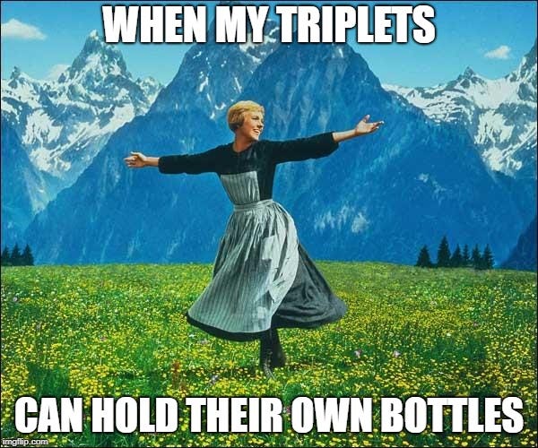 A meme of Julie Andrews frolicking through the mountains of Austria. Text reads, “When my triplets can hold their own bottles.”