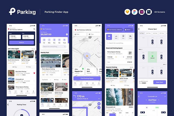 Parking Finder App UX and UI Kits Graphic Templates