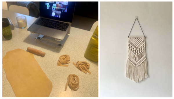 Left — Making pasta over zoom, Right — Handmade macrame wall hanging
