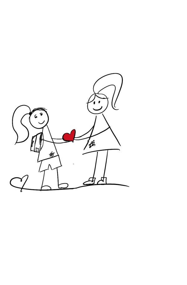 Stick figure Lilly sharing a heart with a student