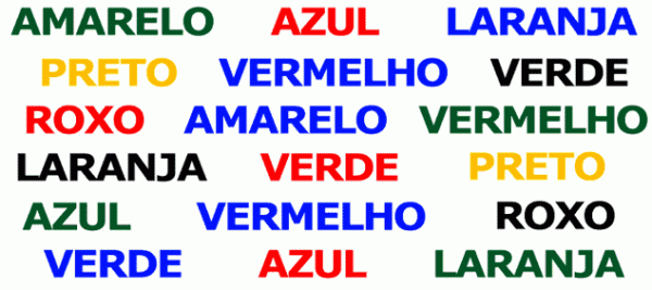 Uma imagem com o nome de várias cores escritas aleatoriamente. Cada uma das palavras tem a sua tipografia (fonte) pintada de uma cor diferente.