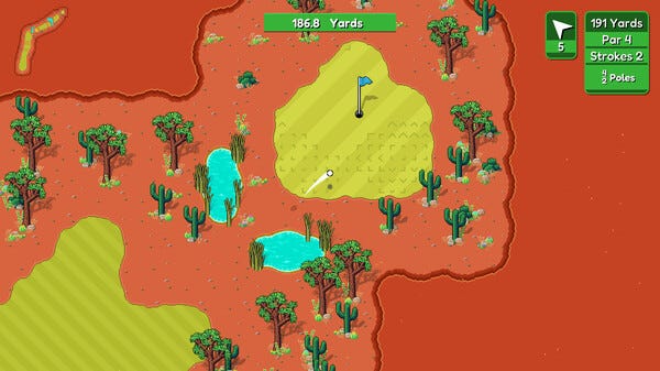 A different golf course set in the desert, one of 4 courses playable in Golfinite.