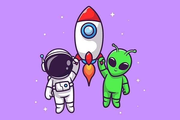 Cute Astronaut And Alien Flying With Rocket Illustrations Graphics