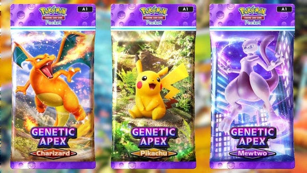 Les 3 boosters de la première extension de Pokémon Trading Cards Game Pocket, représentant Dracaufeu, Pikachu et Mewtwo