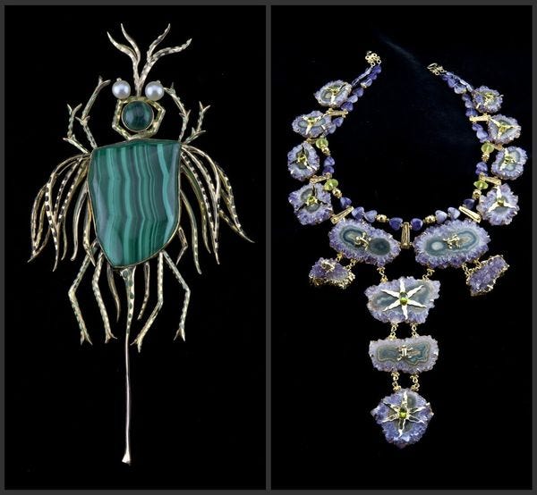 Green, purple and gold jewelery. One in the shape of a bug.