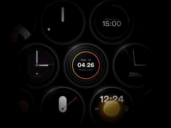 GIF animation, in which some sample watch face design are scrolling