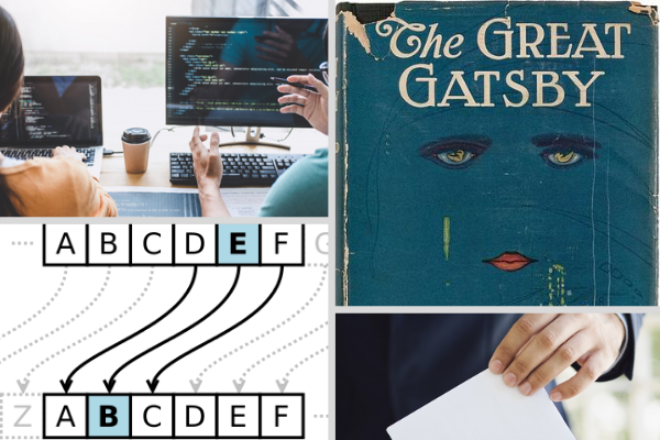 Four images: two people coding at a desktop (top-left), a cypher (bottom-left), The Great Gatsby book cover (top-right)