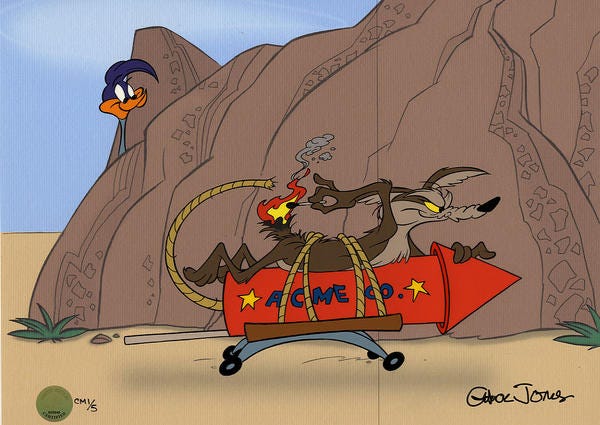 Illustration of Wille E. Coyote on a gigantic firework about to light it up, hoping it will propel him fast enough to catch the roadrunner. Unbeknownst to him the roadrunner is hidden behind a rock and can see what he is trying to do.