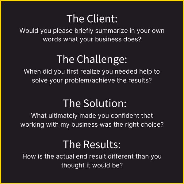 In a nutshell, to get all the information you need to construct your case study, ask your client questions about them, their challenge, their experience with your solution, and their results.