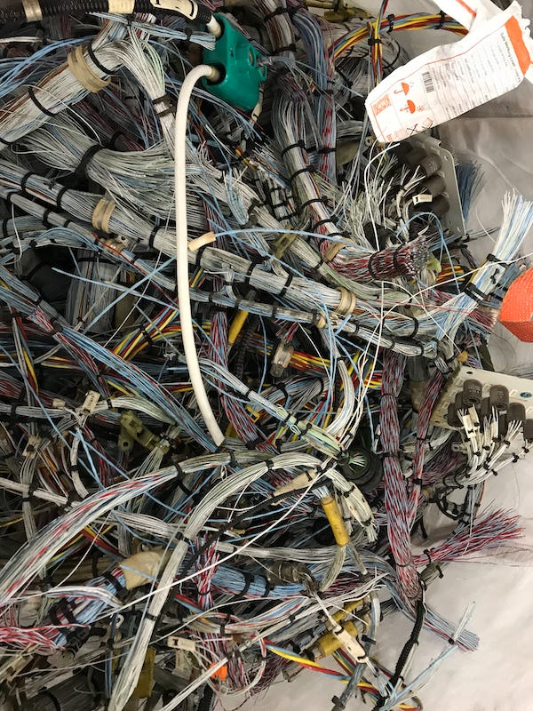 Various colours and bundles of wiring from the aircraft