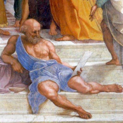 Raffaello ritrae il filosofo Diogene, fondatore della cosiddetta scuola cinica, con un considerevole rilievo. Lo colloca in una posizione assolutamente centrale, assiso sui gradini, seminudo e in un isolamento eremitico rispetto allo spirito conversazione che caratterizza il dipinto.