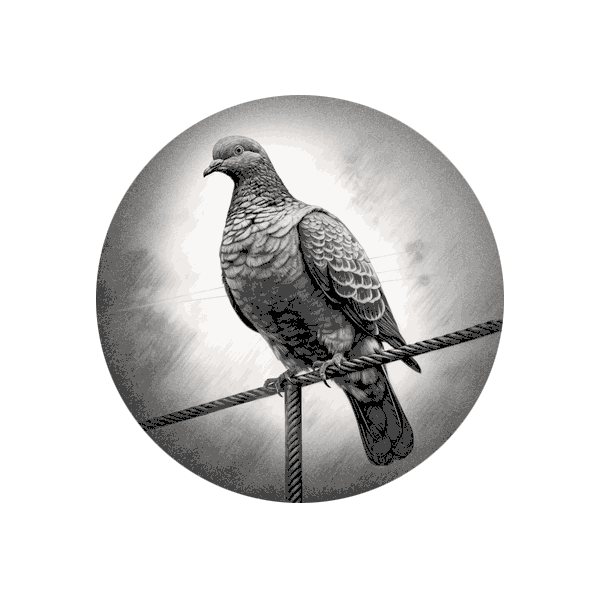 An animated, constantly shifting black and white illustration of a pigeon sitting on a wire.
