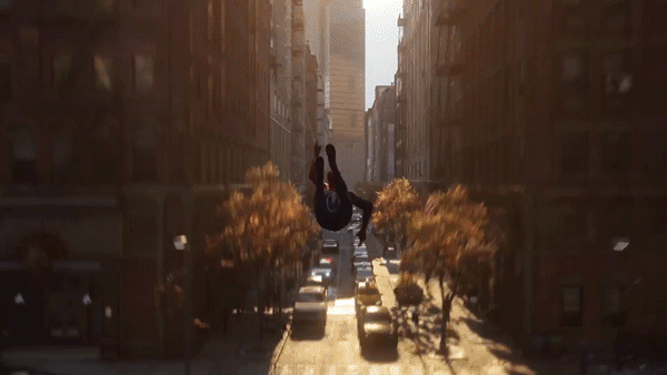 This is a snippet that shows Spider-Man web-slinging straight down a street.