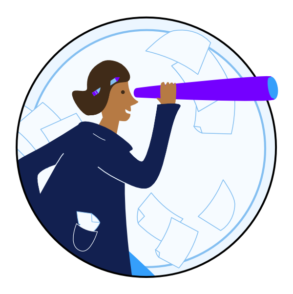Illustration of a female scientist in a lab coat looking through a looking glass, with sheets of papers flying in the background.