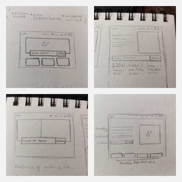 Picture of 4 different paper sketches of a hero section exploring different layouts.