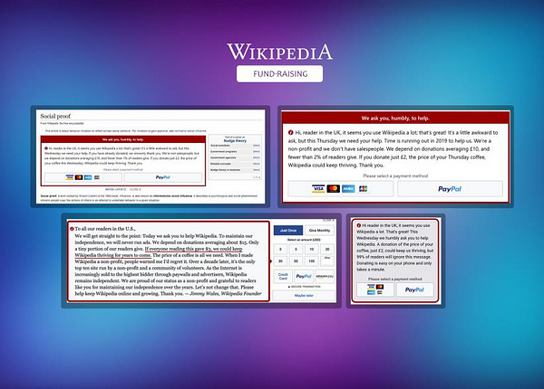 Screenshots of Wikipedia’s donation prompts