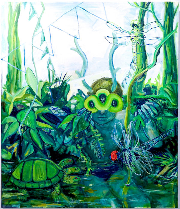 A green, three-eyed hybrid child peeks out of a lush green forest. The child has antlers. The painting is by Colin Fleck and is called “Forest Bath.”