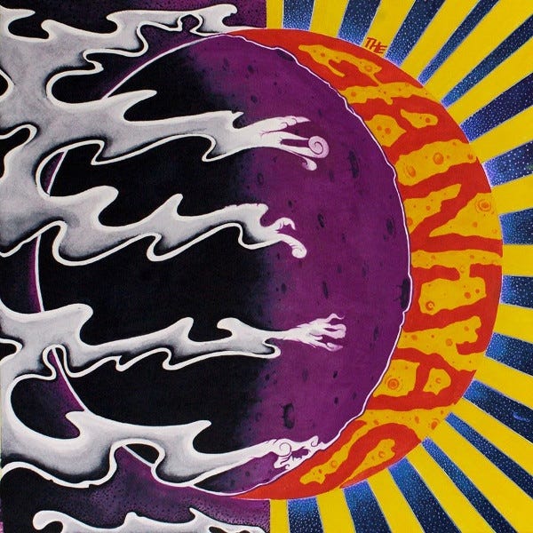 The album cover for “After Dark” by the Ganjas, including psychedelic patterns and the band’s title in yellow sun rays.