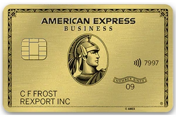 A front view of the American Express Business Gold credit card.