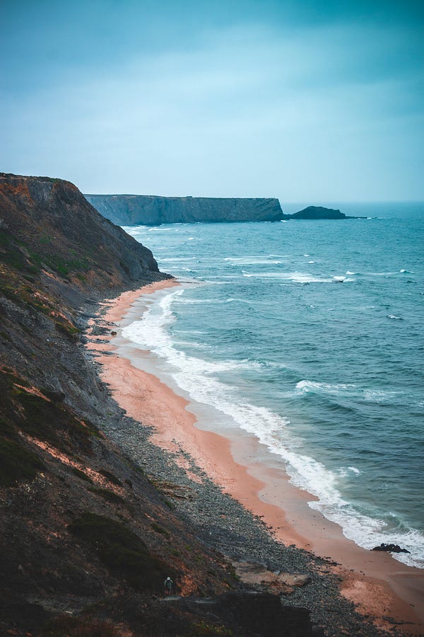 Beach view on a foggy day with cliffs