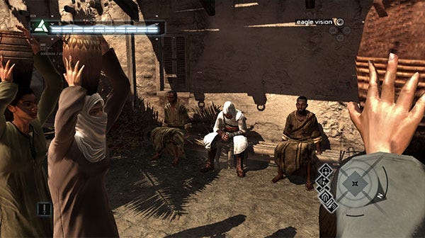 Altair sits on a bench in a crowd