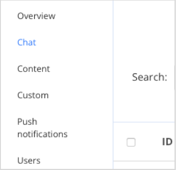 QuickBlox dashboard showing “Chat” item in side menu bar