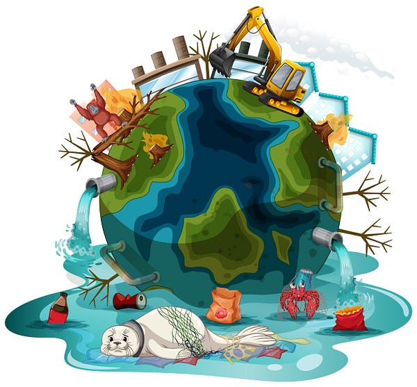 Planeta lleno de contaminación, humo, basura, animales amenazados. Blog Julián Prada.