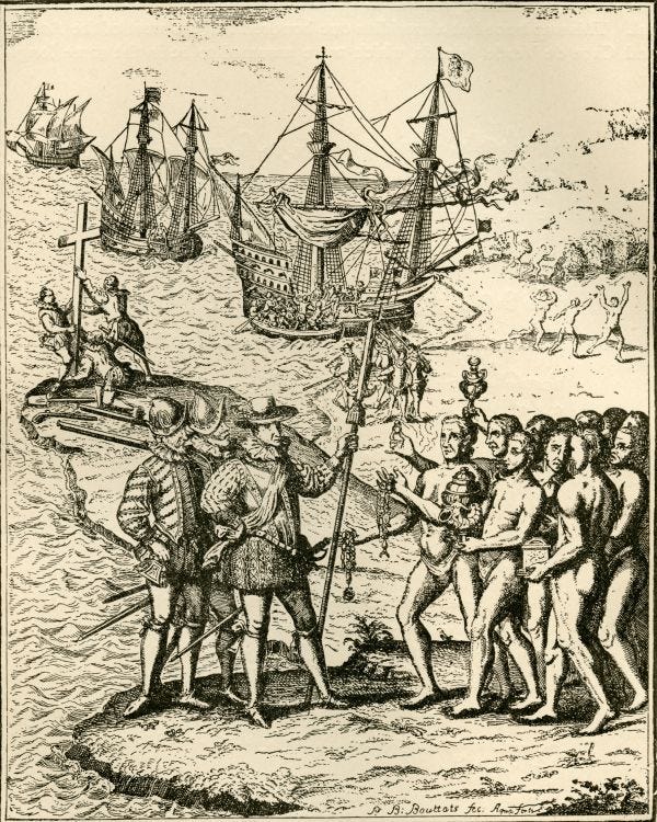 Columbus landing on Hispaniola, en:Theodor de Bry, Public domain, via Wikimedia Commons