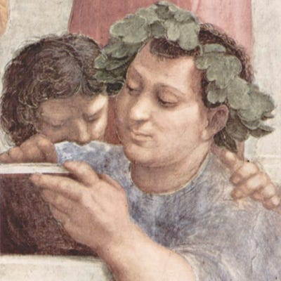 Questo personaggio paffutello, rubicondo e satollo. con una corona di pampini di vite che gli cinge la testa, è di difficile identificazione. Alcuni vi vedono la raffigurazione Epicuro. Indubbiamente sta a simboleggiare la tendenza materialista della filosofia.