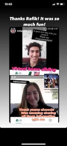 A screenshot of a phone during a video chat, with a young Egyptian man in the upper half of the screen and a young American woman in the lower half of the screen.