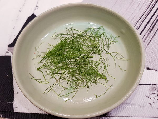 The small green leaves of the fennel on a plate